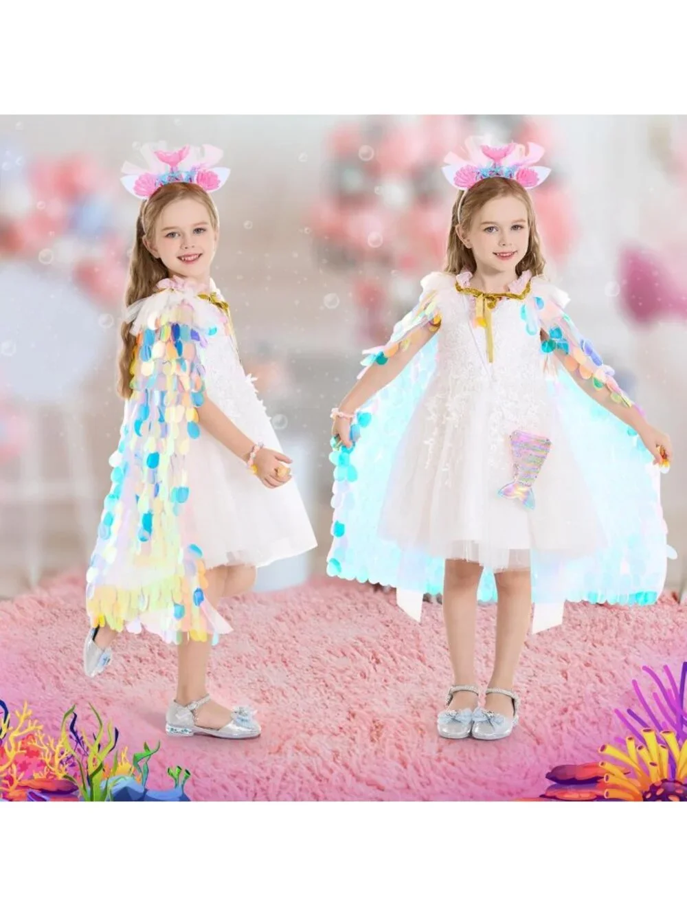 Rainbow Mermaid Cape & Princess Dress Up Set - 9 Pcs Costume Kit for Girls 3-8